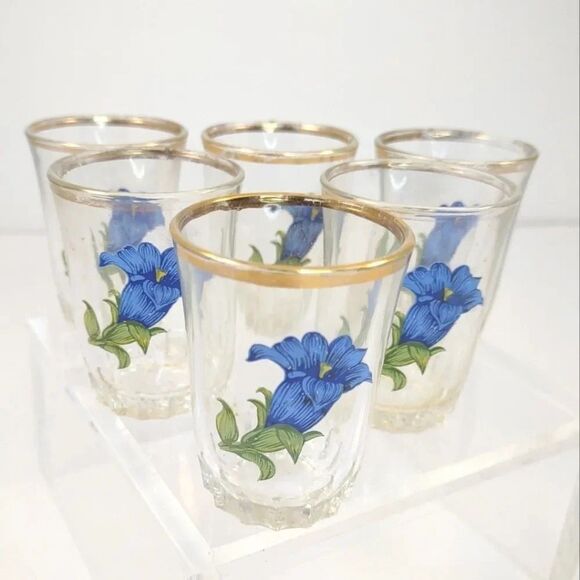 Vintage Shot Glasses With Blue Flower Pattern France Set of Six - Picture 1 of 11